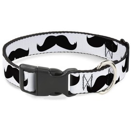 Buckle-Down Plastic Clip Collar - Mustaches White/Black - 1/2" Wide - Fits 9-15" Neck - Large