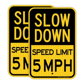 (2 Pack) Slow Down Speed Limit 5 MPH Sign, Slow Down Sign, 18" x 12" Engineer Grade Reflective Sheeting, Rust Free Aluminum, Weather Resistant, Waterproof, Fade Resistant, 2 Pre-drilled Holes