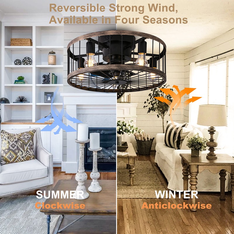 Ohniyou Flush Mount Caged Ceiling Fan with Lights Remote Control,