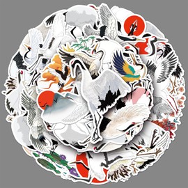 50 Pcs White Crane Stickers Cute Cartoon Animal Sticker for Laptop Cars Skateboard Water Bottle Phone Luggage Bumper Guitar Computer,Vinyl Waterproof Birds Decals for Teens Kids