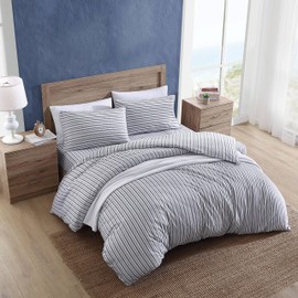 Nautica- Queen Duvet Cover, Cotton Reversible Bedding with Button Closure, Casual Home Décor for All Seasons (Coleridge Stripe Charcoal, Queen)