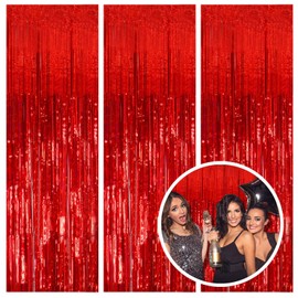 3 Pack Red Party Backdrop Tinsel Streamers Christmas Decorations Foil Fringe Backdrop Curtains Carnival Casino Theme Birthday New Year Holiday Celebration Bachelorette Party Decorations Supplies
