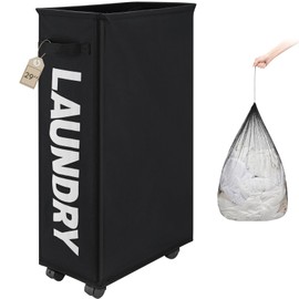 TOTANKI 29" Large Slim Rolling Laundry Basket on Wheels with Removable Bag, Foldable Laundry Hamper with Handle, Collapsible Laundry Sorter and Organizer, Tall Storage Basket Bin (Black)