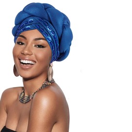 Big Braid Female Head Wraps Bonnet Nigeria Already Made African Headtie Turbante Glitter Gold Thread Fabric Turban Cap for Women (One Size,Royal Blue)