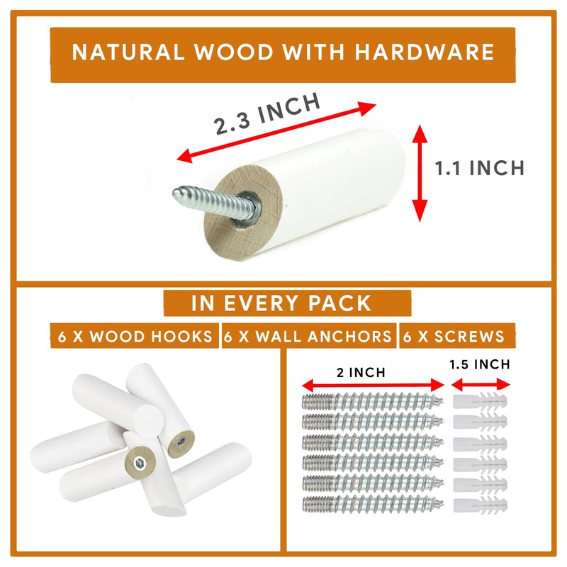 barilo Wood Wall Hooks, 6 Pack | Modern, Decorative White