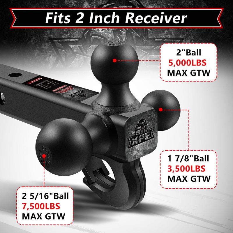 Trailer Hitch Tri Ball Mount with Hook,Fits 2” Hitch Receiver,1-7/8",