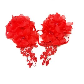 Short Lace Fingerless Bridal Gloves Rhinestones Flower Gloves with Tie Straps for Wedding Evening Dress Party (Red, One size)