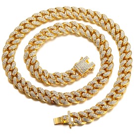 Halukakah Men's Gold Cuban Link Chain, 13MM Iced Out Miami Style, 18K Real Gold Plated Necklace 35", Full CZ Diamond Cut Prong Set, Comes with Gift Box