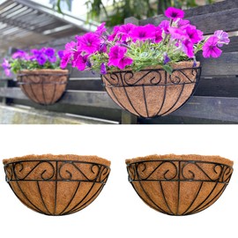 LaLaGreen Large Wall Planter Outdoor - 2 Pack, 14 Inch Large Fence Hanging Flower Baskets with Coco Liner, Herb Pots Holder Rail Planter Outside Railing Deck Porch Balcony Vertical Garden Privacy Wall
