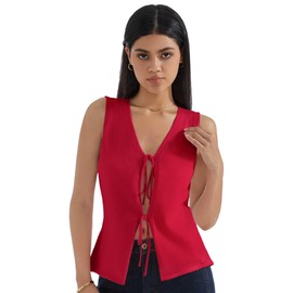 SUUKSESS Women Tie Front Top Sweater Vest Summer Vacation Outfits Trendy Tops Vest Y2K Tank Tops Red