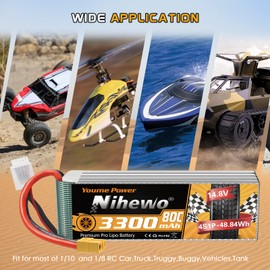 Nihewo 2Packs 4S Lipo Battery Pack, 14.8V Lipo Battery 3300mAh 80C XT60 Connector Compatible with Axial E-flite RC Airplane Plane Quadcopter Drone EDF Jet Car Truck Vehicle Boat Models