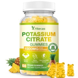 Yikecao 1500mg Potassium Citrate Gummies, Sugar-Free Potassium Supplement Gummies for Adults Women & Men, Support Leg Cramps & Electrolyte Balance, Vegan, Pineapple Flavor, 60 Count