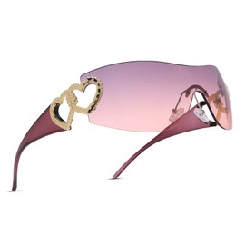 genkigold Y2K Sunglasses for Women and Men: Trendy Oversized Frameless Sunglasses with Heart, Protective Shield Wrap Around, Fashion Futuristic Gift, Punk Black/Steam Grey/Y2K Pink, Y2k Pink