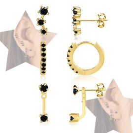 ALEXCRAFT 3 Pairs of Stud Earrings with Zirconia Cuff Earrings Gift for Women Girlfriend Mum, Yellow Gold