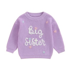 Bufarromio Little Baby Girls Casual Sweater Big Sister Letter Flower Embroidery Long Sleeve Knitwear Round Neck Fall Winter Pullover (Purple White, 18-24 Months)