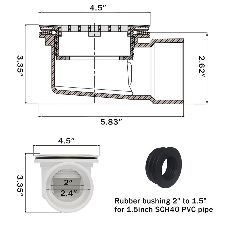 Low Profile Shower Drain, 1.5” Side Outlet Drain Assembly,Perforated Strainer,