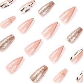 Juneyemo Pack of 24 Pink Ballarina Fake Nails Medium Coffin Press on Nails Shiny False Nails Acrylic Nails for Women and Girls (C)