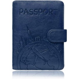 Passport Holder Leather Travel Wallet - RFID Blocking Passport Cover with Magnetic Button for Women Men (Blue-Map)