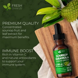 FRESHDRINKUS, Premium 2 fl oz Soursop Graviola Extract Liquid, 60ml Soursop Extract Liquid, 30 Days Supply – 100% from Natural Soursop Leaves and Fruit Extract, Vegan, Non-GMO, Gluten-Free (2 fl oz)