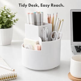 Rotating Pen Holder for Desk Organization - 3-Compartment Storage for Stationery, Makeup Brushes & Office Supplies