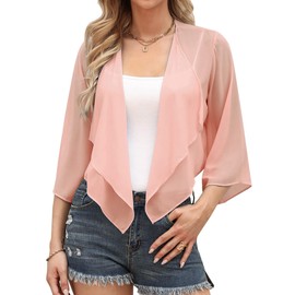 Aottori Women's Bolero Chiffon Bolero Jacket Elegant Summer Cardigan Short Lightweight Shoulder Jacket Festive Shrug Transparent Bed Jacket with 3/4 Sleeves, antique pink