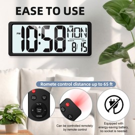 XREXS Large Digital Wall Clock Battery Operated with Backlight, 15" LED Large Display Timer with Temperature Date Week Auto DST Adjustable Brightness, Alarm Clock for Classroom, Livingroom, Office