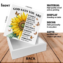 Christian Wood Sign Inspirational God Says You Are Unique Wood Block Sign Sunflower Bible Verse Decor for Home Table Desk Shelf