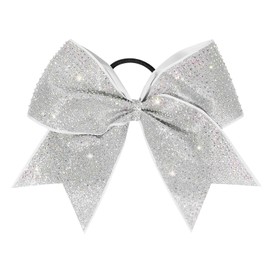 DEEKA 1 PCS 8" Large Glitter Cheer Bows with Iridescent Rhinestones Colorful Stiff Hair Elastic Band Ponytail Holder for Cheerleader Girls Sports (Silver)