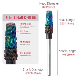 Bestgle 5 In 1 Nail Drill Bits, 3/32" Tungsten Steel Tapered Nail File Drill Bits for Electric Nail Drill Manicure Machine Nail File Accessories