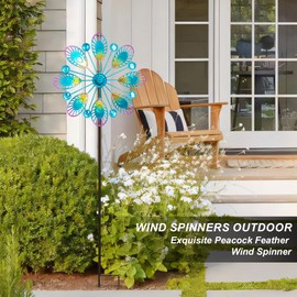 Senflame Metal Peacock Wind Spinner for Outdoor Garden Decor - 36 Inch Height Feather Wind Catcher with Stake, Lawn & Patio Art, Weather-Resistant Yar