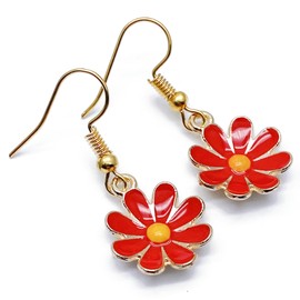 Daisy Flower Charm Earrings, Pretty Red Enamel Charm Beads on Nickel Free Gold Tone Hooks : 35mm long, Floral Jewellery Gift for Women, Flower Drop