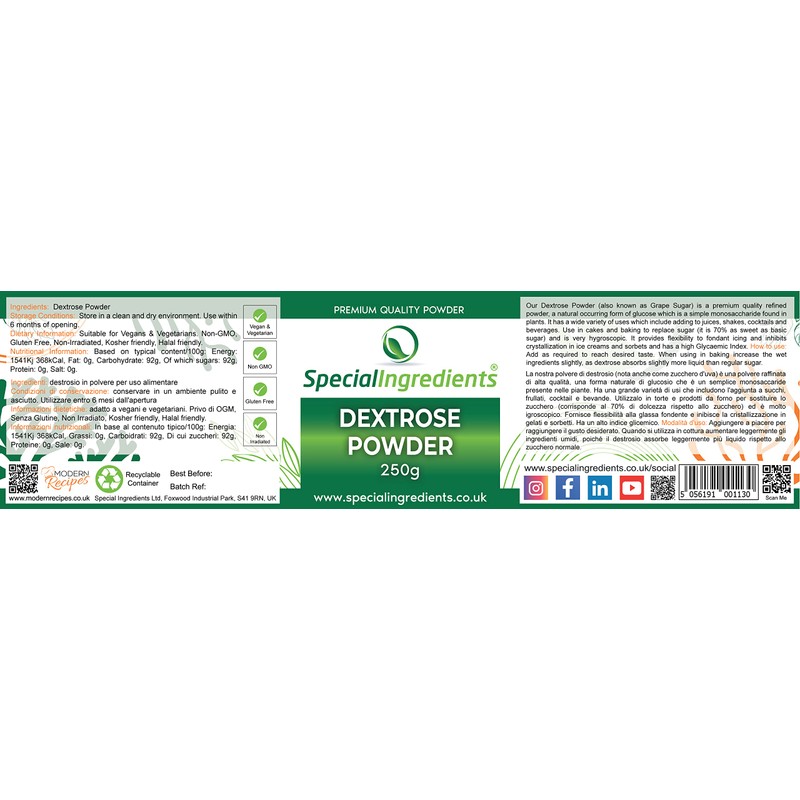 Special Ingredients Dextrose Powder 250g Premium Quality Powder Suitable for