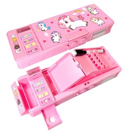 LilyBeauty Pop Up Multifunctional Case for Girls and Boys, Cute Cartoon Pen Box Organizer Stationery Sharpener Schedule Whiteboard School Supplies for Kids (Pink)