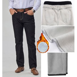 heipeiwa Men's Fleece Lined Winter Thermal Jeans Straight Leg Warm Casual Business Denim Pants