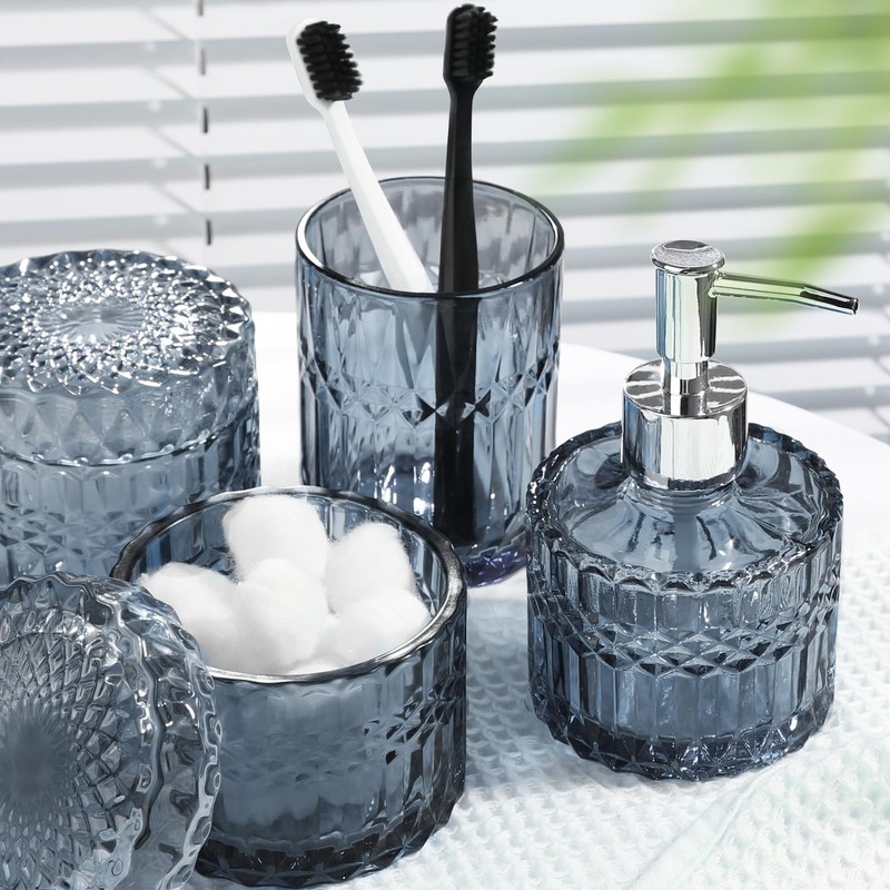 RACOBOT Blue Bathroom Accessories 4Pcs, Diamond Glass Bathroom Accessory Set,