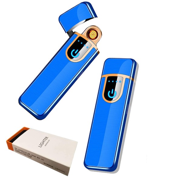 Electronic Lighter, USB Rechargeable Lighter, Mini Creative Touchscreen LED Power Display Windproof Flameless Lighter with Charging Cable, Mute Lighter for Boyfriends Father (Blue-B)