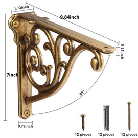 Khtumeware Shelf Bracket 10 Inch, Decorative Brackets for Shelving, Heavy Duty Vintage Ornate Shelf Bracket , Hardware Included, 2 Pack,Antique Brass, 9.84x7x1.73 inch