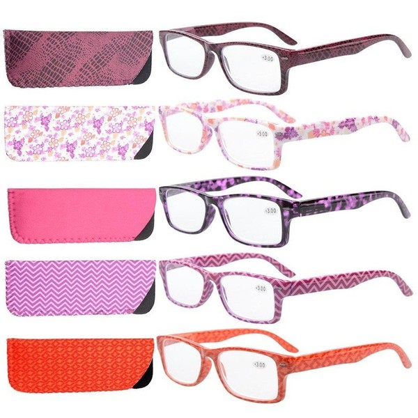 Eyekepper 5-Pack Spring Hinges Patterned Rectangular Reading Glasses Readers Women +4.0