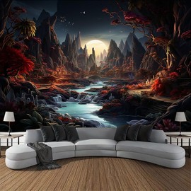 FENDROM Moon Night Forest Wall Tapestry,Enchanted Wonderland Glow in the Dark Trees Mountain River Nature Landscape Room Decor Tapestries, Aesthetic for Living Room Dorm