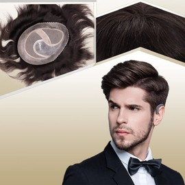 Lishy Toupee for Men European Real Human Hair Replacement Systems Men Hairpieces Fino Mono Lace Center Thicker Skin PU Hair Piece for Man Wigs 8x10 Inches #2 Darkest Brown Color