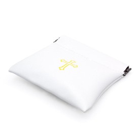 Squeeze Top Rosary Pouch White Faux Leather with Cross Imprint