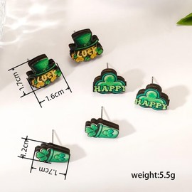 Zhang shine 3Pairs St. Patrick's Day Irish Shamrock Clover Hat Wooden Stud Earrings Dainty Green Coffee Cup Letter Lucky Leaf Wood Earrings for Women Jewelry
