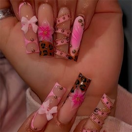 Long Press on Nails Square Fake Nails French Tip False Nails with 3D Bow Line Flower Designs Glue on Nail Glossy Acrylic Nails Full Cover Artificial Stick on Nail for Women 24Pcs