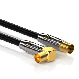 deleyCON TV Antenna Cable 7.5m (24.61 ft.) Coaxial Cable Gold-plated connector 1x 90° angle 1x straight Metal Connector UltraHD FullHD HDTV - Black