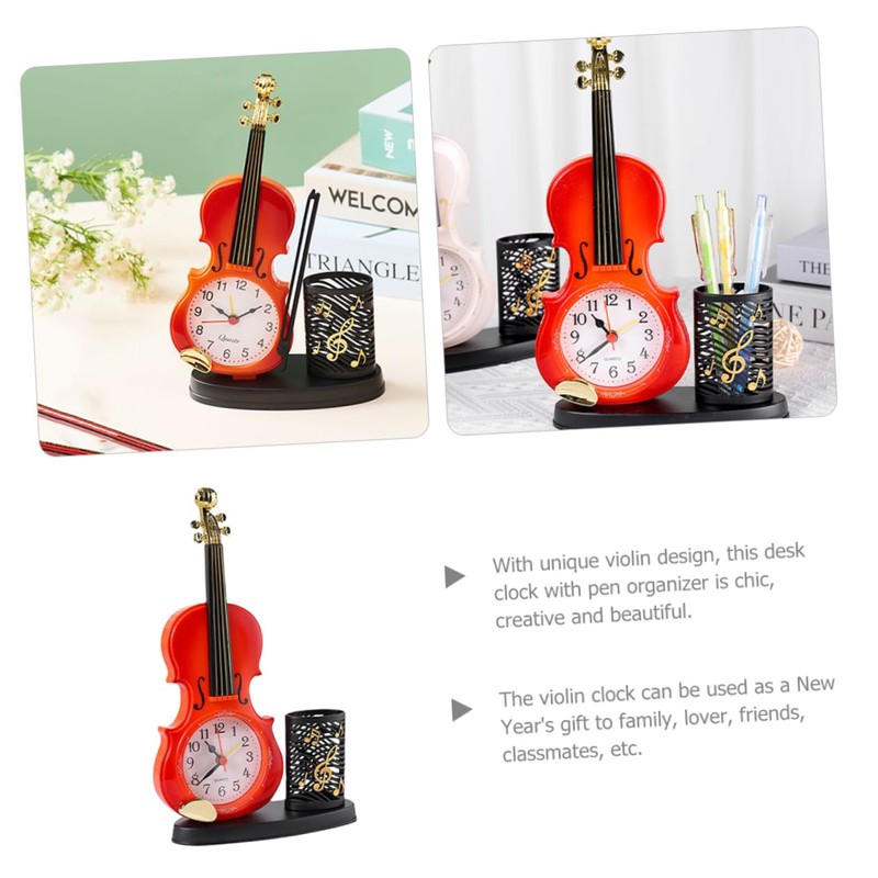STOBAZA Violin Model Clock Pen Holder Unique Decorative Alarm Clock