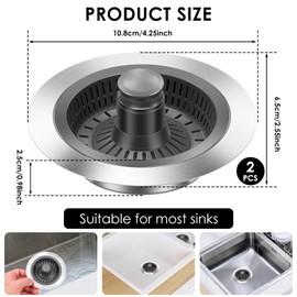 2 Pack 3 in 1 Kitchen Sink Drain Strainer,Pop Up Sink Stopper,304 Stainless Steel Kitchen Sink Strainer with ABS Basket,Anti-Clogging Drain Plug for Kitchen Sink,Hotel,Restaurant