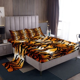 Erosebridal Tiger Fur Sheet Sets King Brown Black Tiger Print Bed Sheet for Kids Boys Girls Gorgeous Animal Skin Bedding Set Safari Animal Theme Fitted Sheet + Flat Sheet + 2 Pillowcases Ultra Soft