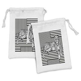 Lunarable Animal Fabric Pouch Set of 2, Wildlife Theme the Leopard Lying on a Striped Background Illustration Print, Small Drawstring Bag for Toiletries Masks and Favors, 9" x 6", Black and White