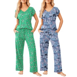 Ekouaer 2 Pack Womens Pajamas Short Sleeve Sleepwear Top with Pants Super-Soft Printed Lounge Sets S-XXL