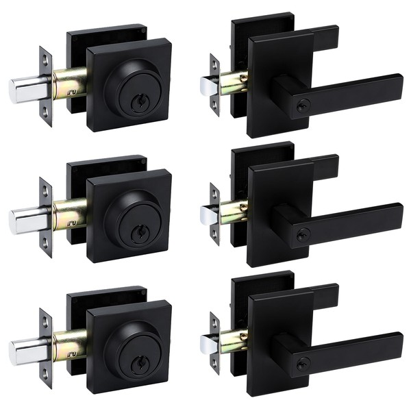 goldenwarm 3 Pack Black Door Handle with Deadbolt, Square Contemporary
